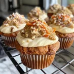 ['Close-up view of a moist carrot cake muffin topped with cream cheese frosting and chopped walnuts.', 'Side view of high-protein carrot cake muffin with a smooth cream cheese frosting and a sprinkle of nuts.', 'Delicious high-protein carrot cake muffin showcasing a creamy frosting and shredded carrot details.', 'Juicy carrot cake muffin with a decadent cream cheese topping, featuring visible carrot and walnut pieces.']
