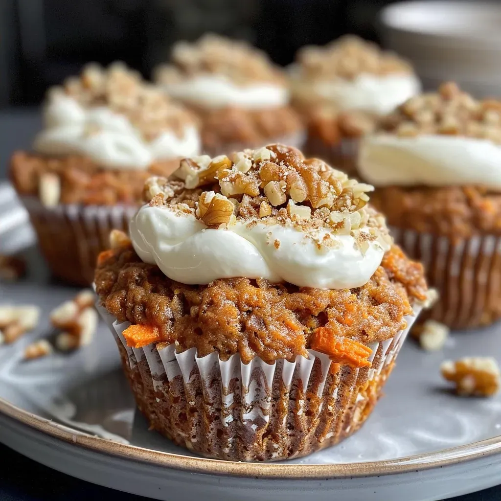 ['Close-up view of a moist carrot cake muffin topped with cream cheese frosting and chopped walnuts.', 'Side view of high-protein carrot cake muffin with a smooth cream cheese frosting and a sprinkle of nuts.', 'Delicious high-protein carrot cake muffin showcasing a creamy frosting and shredded carrot details.', 'Juicy carrot cake muffin with a decadent cream cheese topping, featuring visible carrot and walnut pieces.']