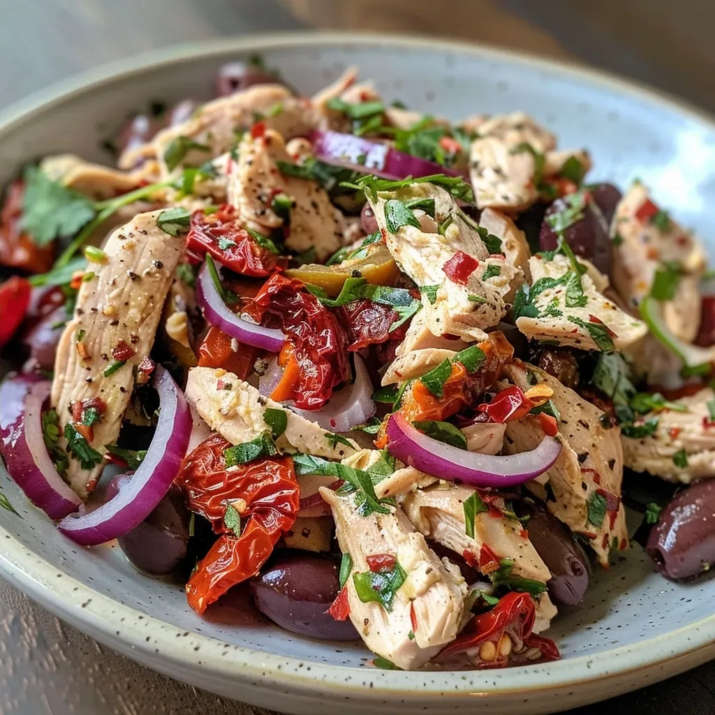 ['Close-up of a high protein chicken salad with diced apples and grapes.', 'Side view of a colorful chicken salad featuring celery and pecans.', 'Juicy chicken salad with Greek yogurt dressing and fresh ingredients.', 'Detailed shot of a nutritious chicken salad bowl with vibrant garnishes.']