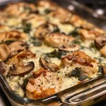 ['Close-up of a baked chicken dish with spinach and mushrooms, featuring melted mozzarella.', 'Side view of a delicious chicken spinach mushroom bake, showcasing vibrant ingredients.', 'Juicy high-protein chicken bake with spinach and mushrooms, topped with creamy cheese.', 'A hearty serving of chicken, spinach, and mushrooms, freshly baked and gooey.']