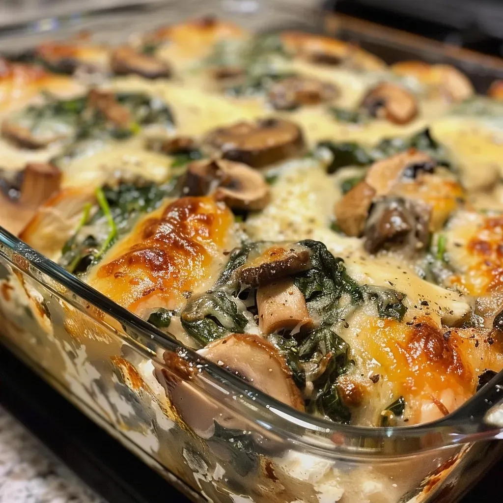 ['Close-up of a baked chicken dish with spinach and mushrooms, featuring melted mozzarella.', 'Side view of a delicious chicken spinach mushroom bake, showcasing vibrant ingredients.', 'Juicy high-protein chicken bake with spinach and mushrooms, topped with creamy cheese.', 'A hearty serving of chicken, spinach, and mushrooms, freshly baked and gooey.']