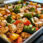 ['Close-up view of a baked chicken and vegetable dish with colorful veggies.', 'Juicy chicken pieces with vibrant broccoli, bell pepper, and zucchini in a baking dish.', 'Highlighted side view of a high-protein chicken bake with garlic and herbs.', 'Tasty chicken and mixed veggies ready to serve, showcasing fresh ingredients.']
