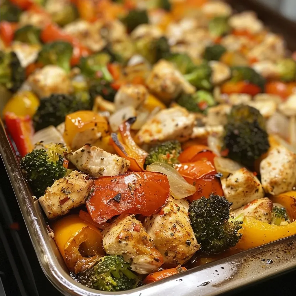 ['Close-up view of a baked chicken and vegetable dish with colorful veggies.', 'Juicy chicken pieces with vibrant broccoli, bell pepper, and zucchini in a baking dish.', 'Highlighted side view of a high-protein chicken bake with garlic and herbs.', 'Tasty chicken and mixed veggies ready to serve, showcasing fresh ingredients.']