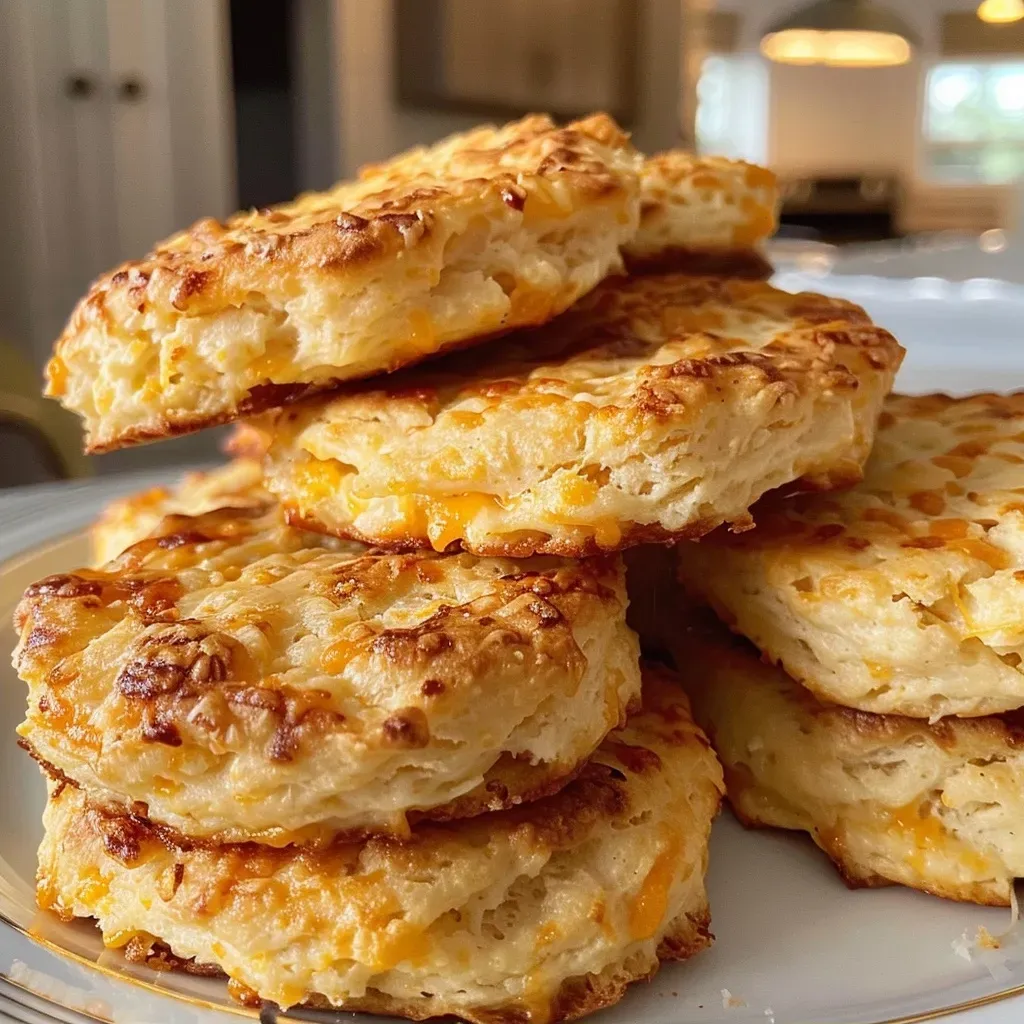 ['Close-up of golden-brown high-protein cottage cheese cheddar biscuits on a plate.', 'Side view of freshly baked cheddar biscuits with a crispy exterior and soft inside.', 'Juicy cottage cheese biscuits highlighted with melted cheddar cheese on top.', 'Delicious cottage cheese and cheddar biscuits arranged on a rustic wooden surface.']