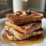 ['Close-up view of High Protein French Toast with a golden-brown crust.', 'Side view of thick French toast topped with syrup and cinnamon.', 'Juicy High Protein French Toast slices arranged on a plate.', 'Delicious French toast with a protein boost, displayed attractively.']