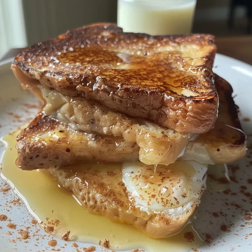 ['Close-up view of High Protein French Toast with a golden-brown crust.', 'Side view of thick French toast topped with syrup and cinnamon.', 'Juicy High Protein French Toast slices arranged on a plate.', 'Delicious French toast with a protein boost, displayed attractively.']