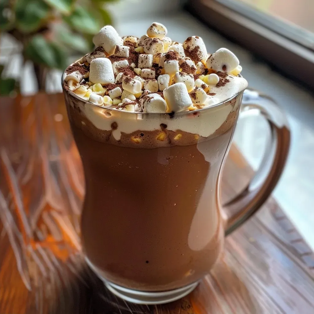 ['Close-up view of a creamy High Protein Hot Chocolate topped with mini marshmallows.', 'A side shot of a steaming mug of High Protein Hot Chocolate with a rich chocolate color.', 'Delicious High Protein Hot Chocolate in a cozy setting, garnished with whipped cream.', 'A close-up of a mug filled with High Protein Hot Chocolate, showcasing its frothy texture.']