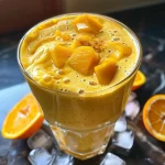 ['Close-up of a vibrant orange-mango smoothie in a clear glass with a straw.', 'Side view of a creamy high-protein smoothie with orange and mango, garnished with fruit.', 'Refreshing orange-mango smoothie in a glass, showcasing its thick texture and bright colors.', 'Delicious high-protein smoothie made with orange and mango, displayed in a well-lit setting.']