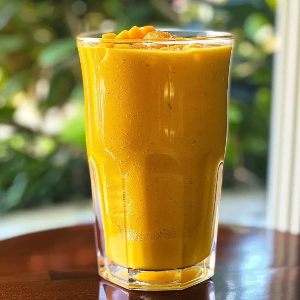 ['Close-up of a vibrant orange-mango smoothie in a clear glass with a straw.', 'Side view of a creamy high-protein smoothie with orange and mango, garnished with fruit.', 'Refreshing orange-mango smoothie in a glass, showcasing its thick texture and bright colors.', 'Delicious high-protein smoothie made with orange and mango, displayed in a well-lit setting.']