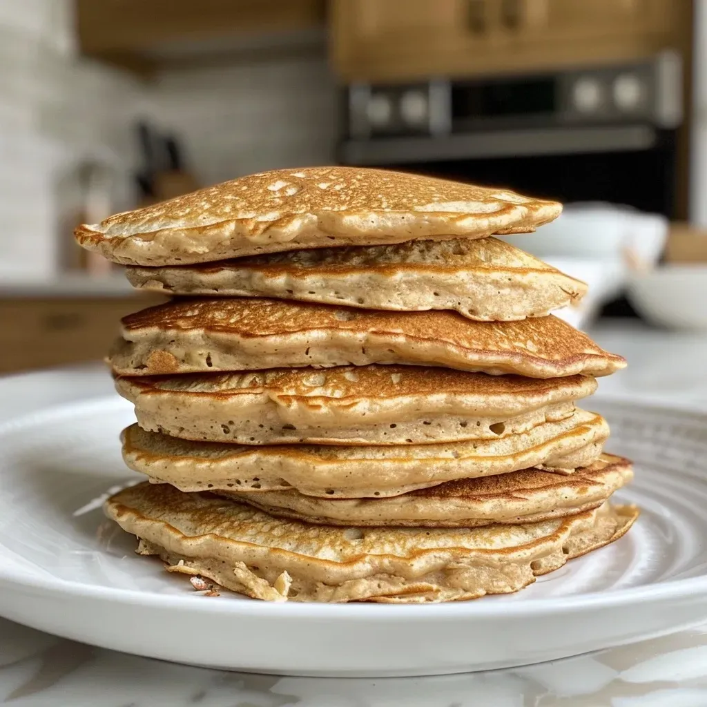 ['A close-up view of golden brown high protein pancakes stacked on a plate.', 'Juicy high protein pancakes topped with fresh fruit and syrup, side view.', 'Delicious high protein pancakes displayed with a fork beside them.', 'A vibrant stack of high protein pancakes, showcasing their fluffy texture.']