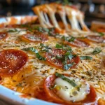 ['Close-up view of a creamy High Protein Pizza Dip with a golden-brown crust and pepperoni slices on top.', 'Side view of a delicious High Protein Pizza Dip, garnished with fresh basil and pepperoni, served with toasted bread.', 'Appetizing High Protein Pizza Dip in a dish, showcasing melted cheese and herbs, perfect for dipping.', 'A bowl of High Protein Pizza Dip, featuring layers of cheese, sauce, and garnishes, ready to be enjoyed.']