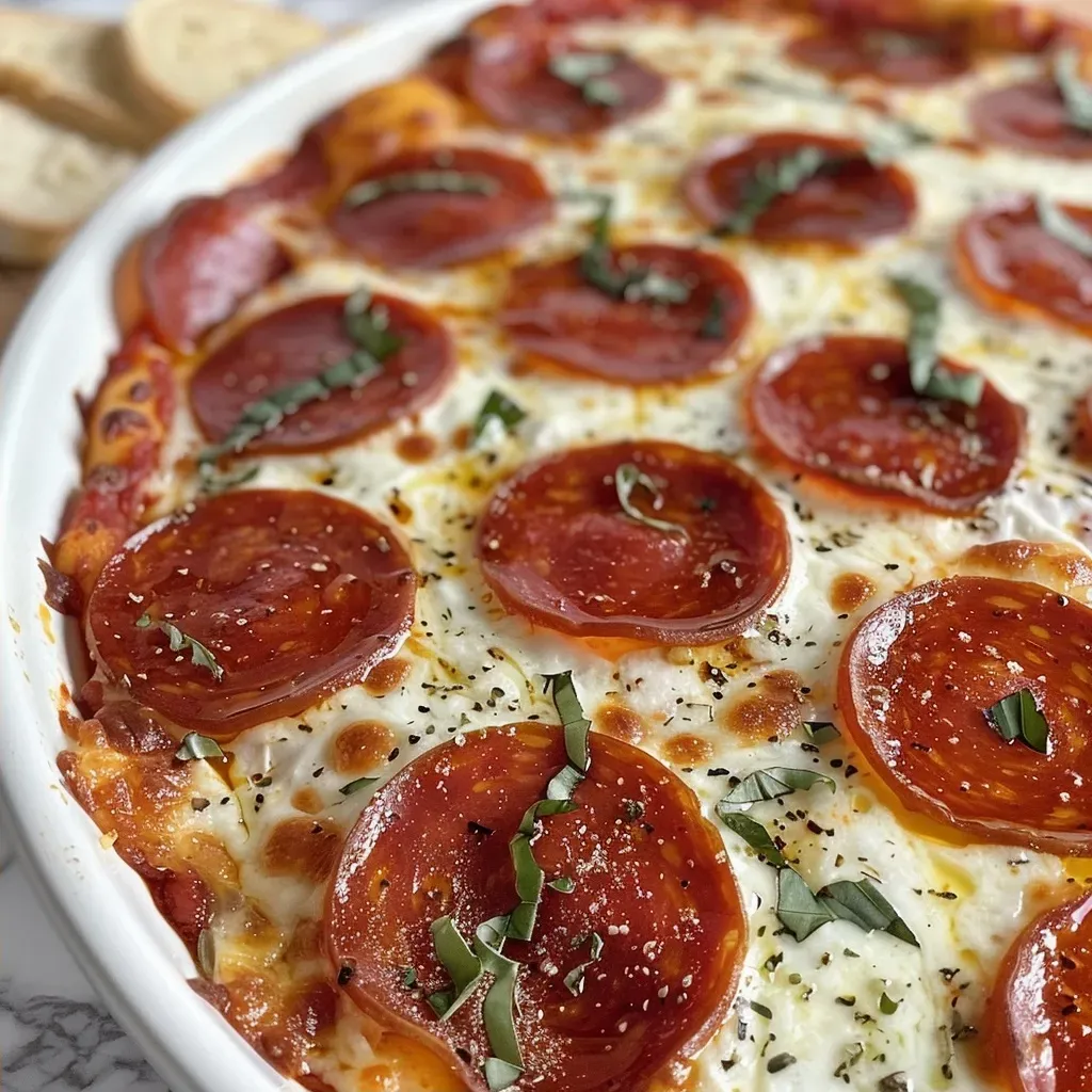 ['Close-up view of a creamy High Protein Pizza Dip with a golden-brown crust and pepperoni slices on top.', 'Side view of a delicious High Protein Pizza Dip, garnished with fresh basil and pepperoni, served with toasted bread.', 'Appetizing High Protein Pizza Dip in a dish, showcasing melted cheese and herbs, perfect for dipping.', 'A bowl of High Protein Pizza Dip, featuring layers of cheese, sauce, and garnishes, ready to be enjoyed.']