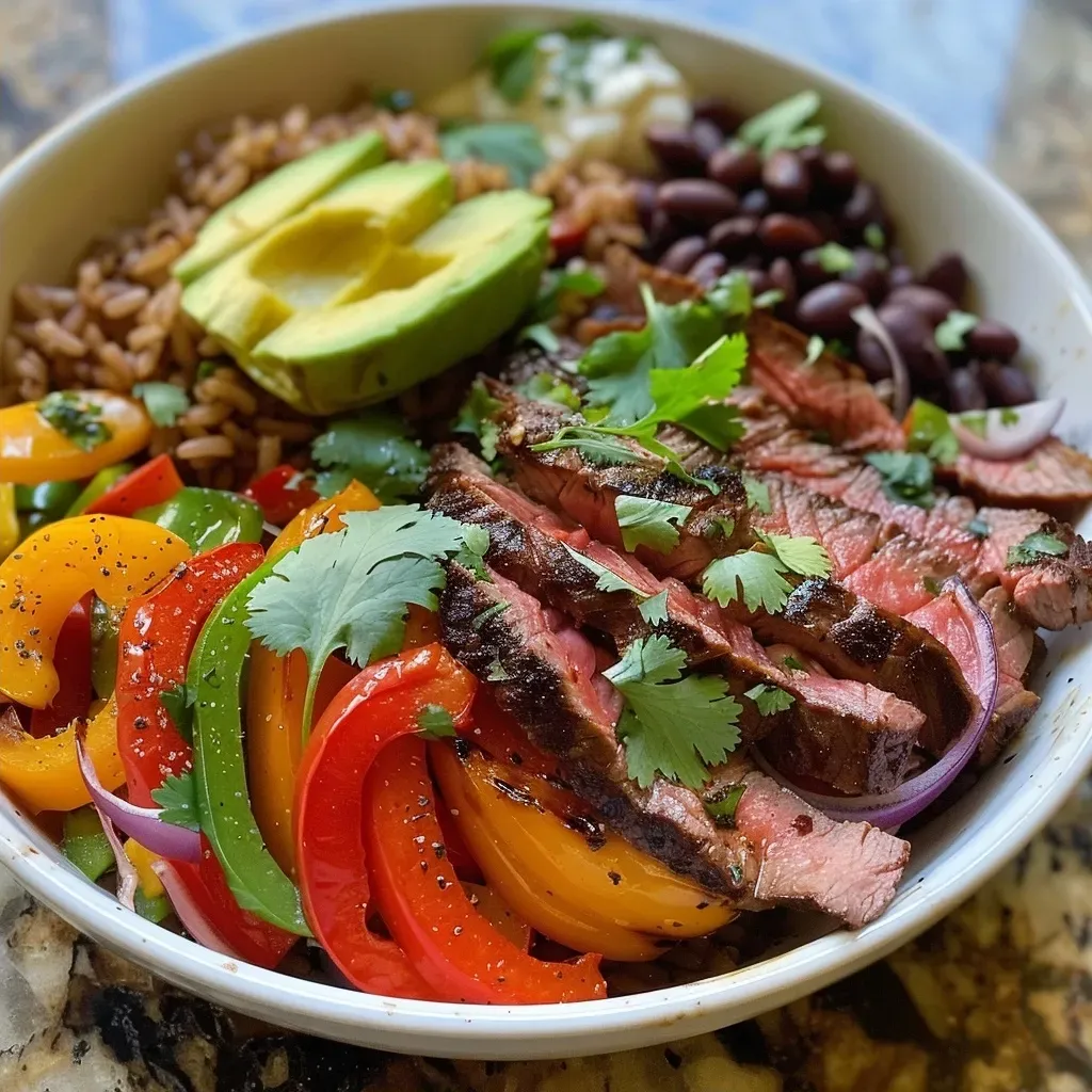 ['Close-up of a vibrant steak fajita bowl with colorful peppers and avocado.', 'Side view of a delicious high protein steak fajita bowl filled with steak, rice, and toppings.', 'Juicy steak fajita bowl displayed with sliced avocado and fresh cilantro.', 'Colorful ingredients in a steak fajita bowl, showcasing bell peppers and Greek yogurt.']