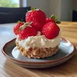 ['Close-up view of strawberry cheesecake cups with fresh strawberries on top.', 'Side view of layered high-protein strawberry cheesecake cups in glass jars.', 'Juicy strawberry cheesecake cups filled with cottage cheese and Greek yogurt.', 'Detailed shot of creamy cheesecake cups garnished with strawberries and whipped cream.']