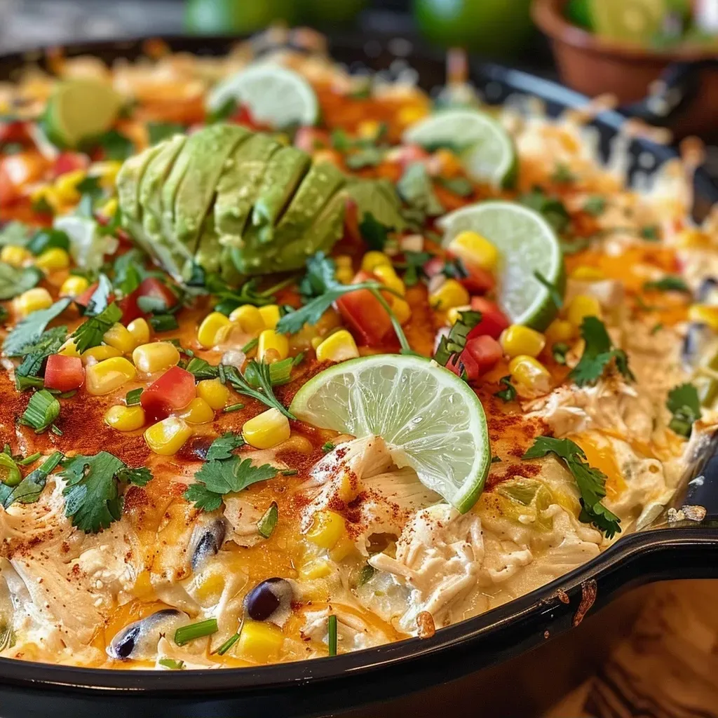 ['Close-up view of a colorful High Protein Taco Chicken Dip served in a bowl.', 'Side perspective of a creamy taco chicken dip garnished with fresh cilantro.', 'Juicy High Protein Taco Chicken Dip with visible ingredients like black beans and corn.', 'Appetizing close-up of a cheesy taco dip ready to be enjoyed with tortilla chips.']