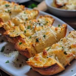['Close-up of golden brown garlic bread topped with melted cheese.', 'Side view of cheesy garlic bread in an air fryer basket, showing its crispy texture.', 'Freshly made garlic bread with cheese, showcasing a crunchy crust and juicy filling.', 'Homemade air fryer garlic bread with garlic and herbs, melted cheese visibly oozing.']