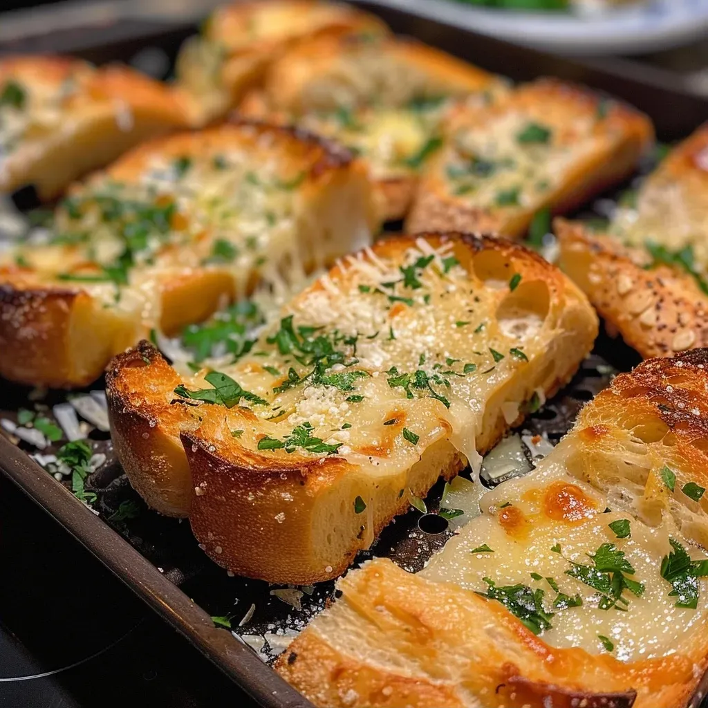 ['Close-up of golden brown garlic bread topped with melted cheese.', 'Side view of cheesy garlic bread in an air fryer basket, showing its crispy texture.', 'Freshly made garlic bread with cheese, showcasing a crunchy crust and juicy filling.', 'Homemade air fryer garlic bread with garlic and herbs, melted cheese visibly oozing.']