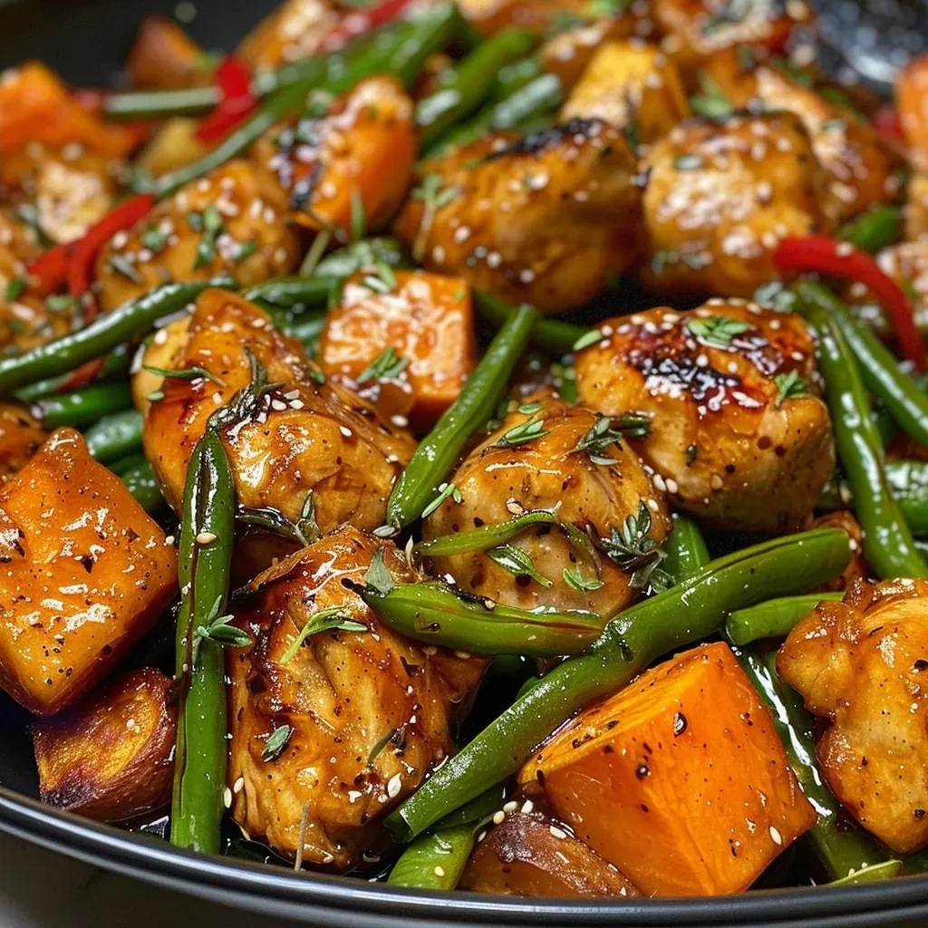 ['Close-up view of honey garlic chicken with sweet potatoes and green beans.', 'Succulent honey garlic chicken alongside cubed sweet potatoes and green beans.', 'Side view of a plated dish featuring honey garlic chicken, sweet potatoes, and green beans.', 'Detailed shot of honey garlic chicken served with vibrant sweet potatoes and green beans.']