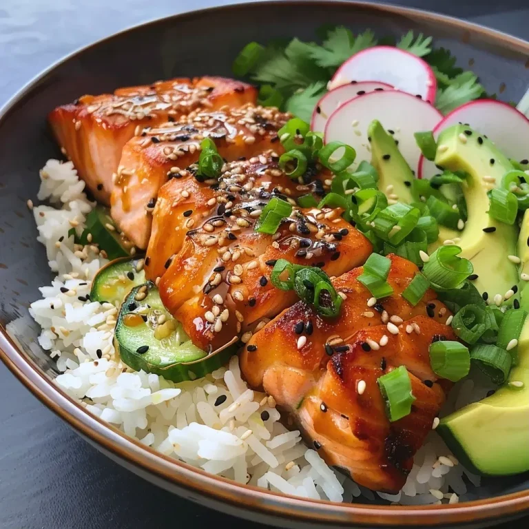 ['Close-up of a Honey Garlic Salmon Rice Bowl featuring salmon, rice, and colorful toppings.', 'Side view of a delicious rice bowl with salmon, avocado, cucumber, and herbs.', 'Juicy salmon cubes served over rice with vibrant garnishes in a stylish bowl.', 'Appetizing honey garlic salmon rice bowl with fresh ingredients and toppings.']