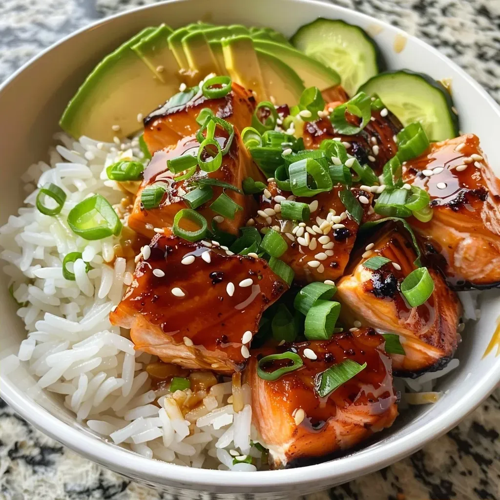 ['Close-up of a Honey Garlic Salmon Rice Bowl featuring salmon, rice, and colorful toppings.', 'Side view of a delicious rice bowl with salmon, avocado, cucumber, and herbs.', 'Juicy salmon cubes served over rice with vibrant garnishes in a stylish bowl.', 'Appetizing honey garlic salmon rice bowl with fresh ingredients and toppings.']