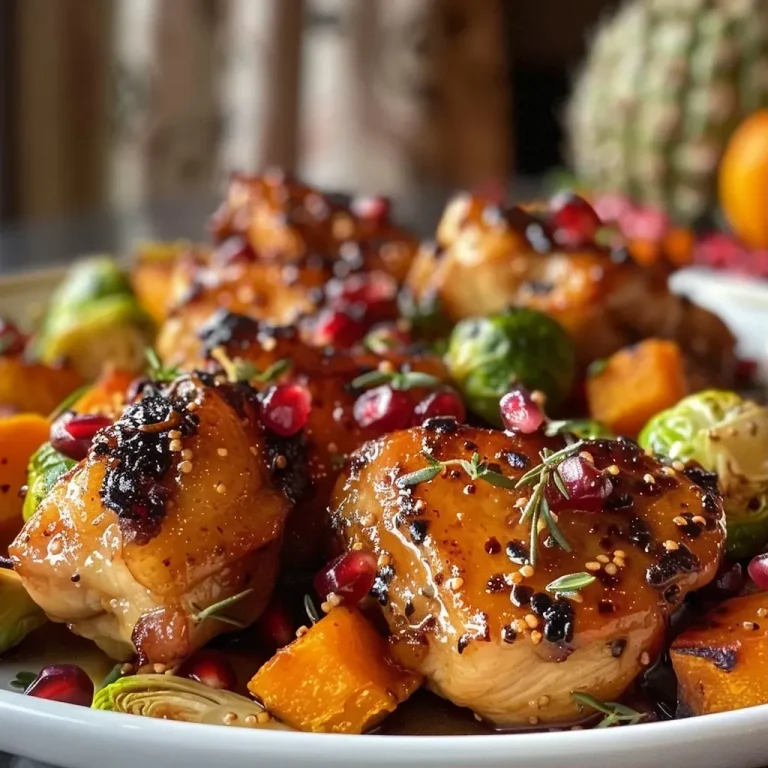 ['Close-up view of honey glazed chicken with roasted Brussels sprouts and butternut squash.', 'Juicy honey glazed chicken accompanied by halved Brussels sprouts and cubed butternut squash.', 'Side view of a plate featuring honey glazed chicken and a side of roasted vegetables.', 'Delicious honey glazed chicken with vibrant Brussels sprouts and butternut squash pieces.']