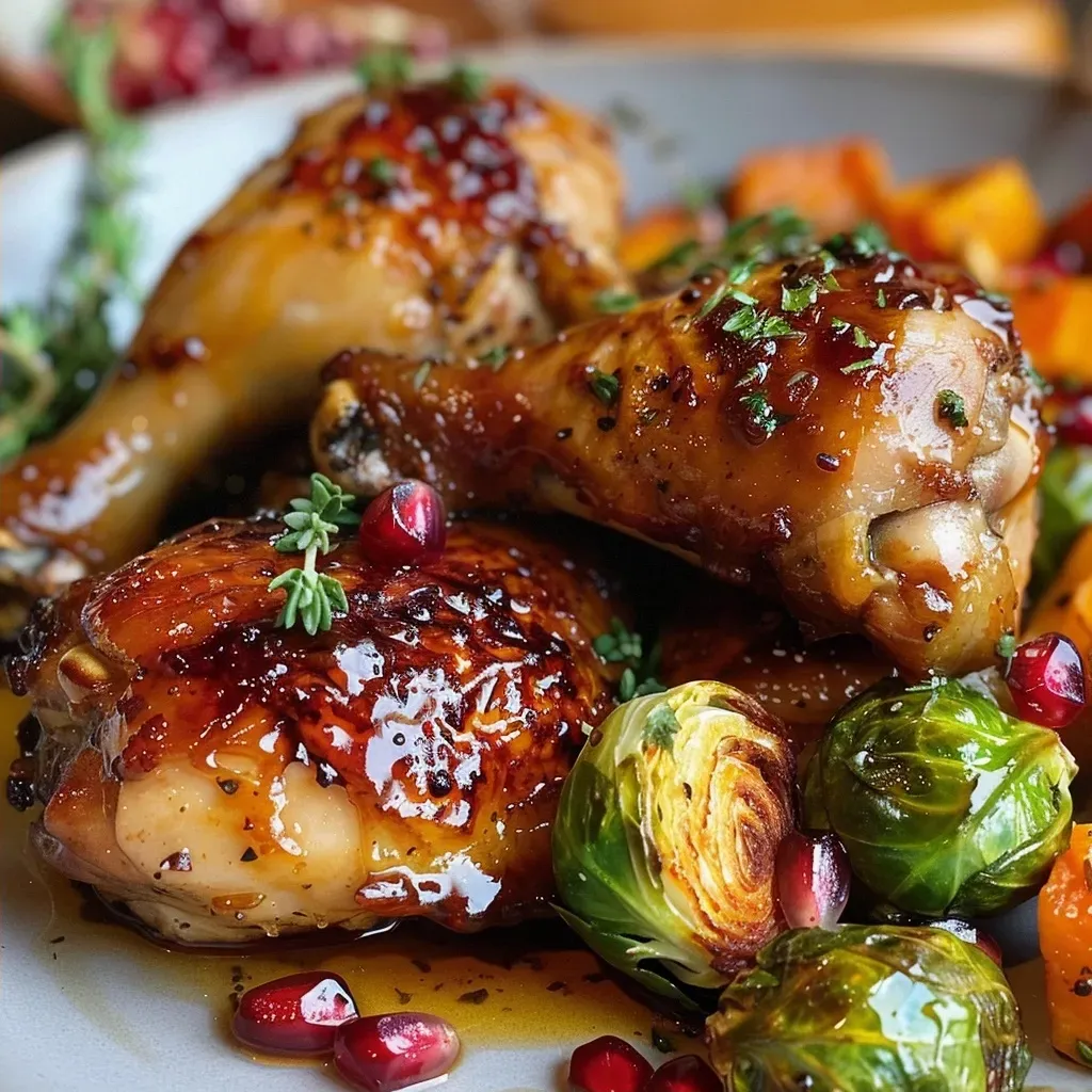 ['Close-up view of honey glazed chicken with roasted Brussels sprouts and butternut squash.', 'Juicy honey glazed chicken accompanied by halved Brussels sprouts and cubed butternut squash.', 'Side view of a plate featuring honey glazed chicken and a side of roasted vegetables.', 'Delicious honey glazed chicken with vibrant Brussels sprouts and butternut squash pieces.']