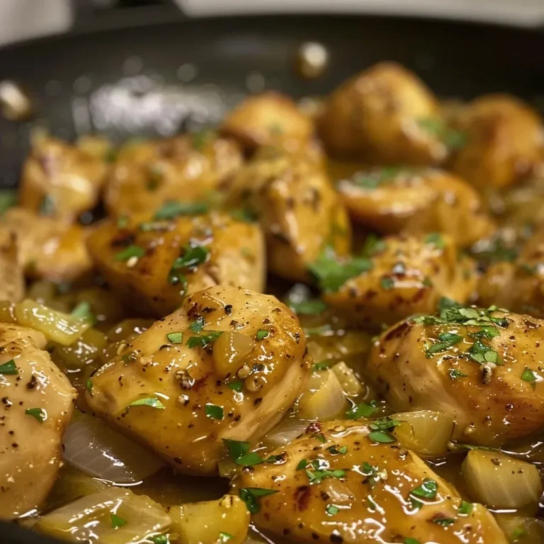 ['Close-up of Honey Mustard Chicken Skillet with golden-brown chicken pieces and a glossy sauce.', 'Juicy chicken pieces glistening in a honey mustard sauce with chopped onions and garlic.', 'Side view of a skillet filled with tender chicken bathed in a honey mustard glaze.', 'A colorful dish featuring bite-sized chicken in a rich honey mustard sauce with herbs.']