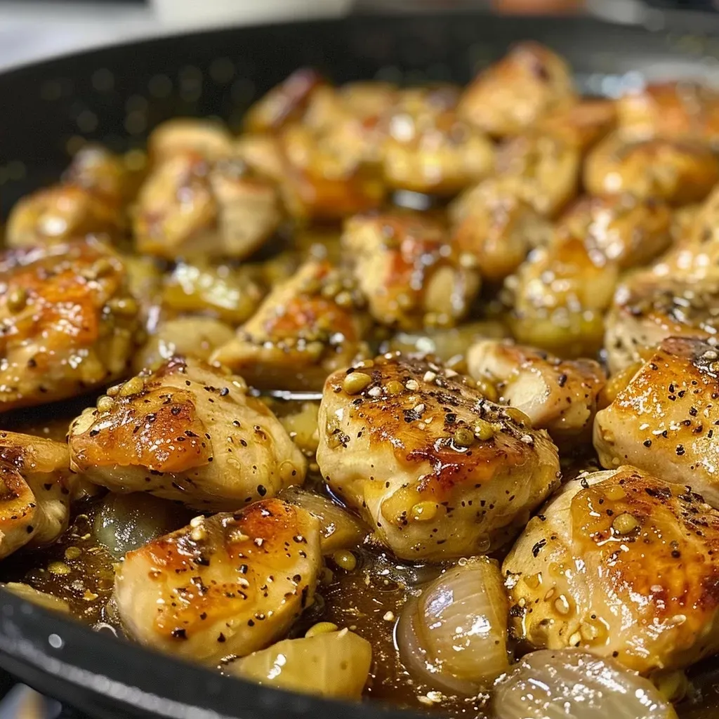 ['Close-up of Honey Mustard Chicken Skillet with golden-brown chicken pieces and a glossy sauce.', 'Juicy chicken pieces glistening in a honey mustard sauce with chopped onions and garlic.', 'Side view of a skillet filled with tender chicken bathed in a honey mustard glaze.', 'A colorful dish featuring bite-sized chicken in a rich honey mustard sauce with herbs.']