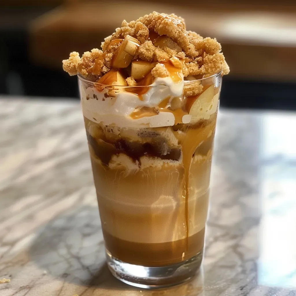 ['Close-up side view of a tall glass filled with an Iced Apple Crisp Macchiato, showcasing layers of milk, espresso, and syrup.', 'Iced Apple Crisp Macchiato displayed in a glass, featuring ice cubes and a frothy top, viewed from the side.', 'A refreshing Iced Apple Crisp Macchiato in a glass with visible layers of apple syrup and espresso, captured from the side.', 'Side view of a beautifully layered Iced Apple Crisp Macchiato in a clear glass, highlighting its icy texture and creamy top.']