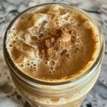 ['Close-up of a frothy Iced Brown Sugar Oatmilk Shaken Espresso in a clear glass.', 'Side view of a refreshing iced espresso drink with oat milk and brown sugar.', 'Detailed view of a creamy iced coffee with brown sugar and cinnamon, garnished with ice.', 'Iced Brown Sugar Oatmilk Shaken Espresso served in a mason jar, showcasing layers of ingredients.']