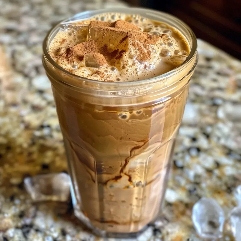 ['Close-up of a frothy Iced Brown Sugar Oatmilk Shaken Espresso in a clear glass.', 'Side view of a refreshing iced espresso drink with oat milk and brown sugar.', 'Detailed view of a creamy iced coffee with brown sugar and cinnamon, garnished with ice.', 'Iced Brown Sugar Oatmilk Shaken Espresso served in a mason jar, showcasing layers of ingredients.']