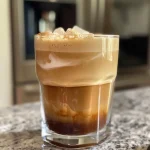 ['Close-up of a creamy iced vanilla macchiato with ice cubes.', 'Side view of a refreshing iced protein vanilla macchiato in a glass.', 'Iced protein vanilla macchiato featuring a layer of coffee and cream.', 'Delicious iced macchiato topped with frothy milk and ice.']