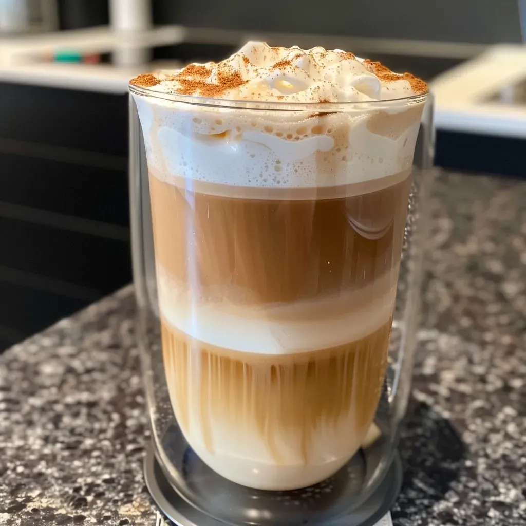 ['Close-up of a creamy iced vanilla macchiato with ice cubes.', 'Side view of a refreshing iced protein vanilla macchiato in a glass.', 'Iced protein vanilla macchiato featuring a layer of coffee and cream.', 'Delicious iced macchiato topped with frothy milk and ice.']