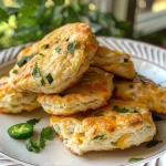 ['Close-up side view of golden brown Jalapeño Cheddar Protein Biscuits on a wooden surface.', 'Freshly baked Jalapeño Cheddar Protein Biscuits with visible jalapeño bits and melted cheese.', 'Juicy and flaky Jalapeño Cheddar Protein Biscuits arranged on a rustic table.', 'Appetizing Jalapeño Cheddar Protein Biscuits with a crispy exterior and soft interior.']