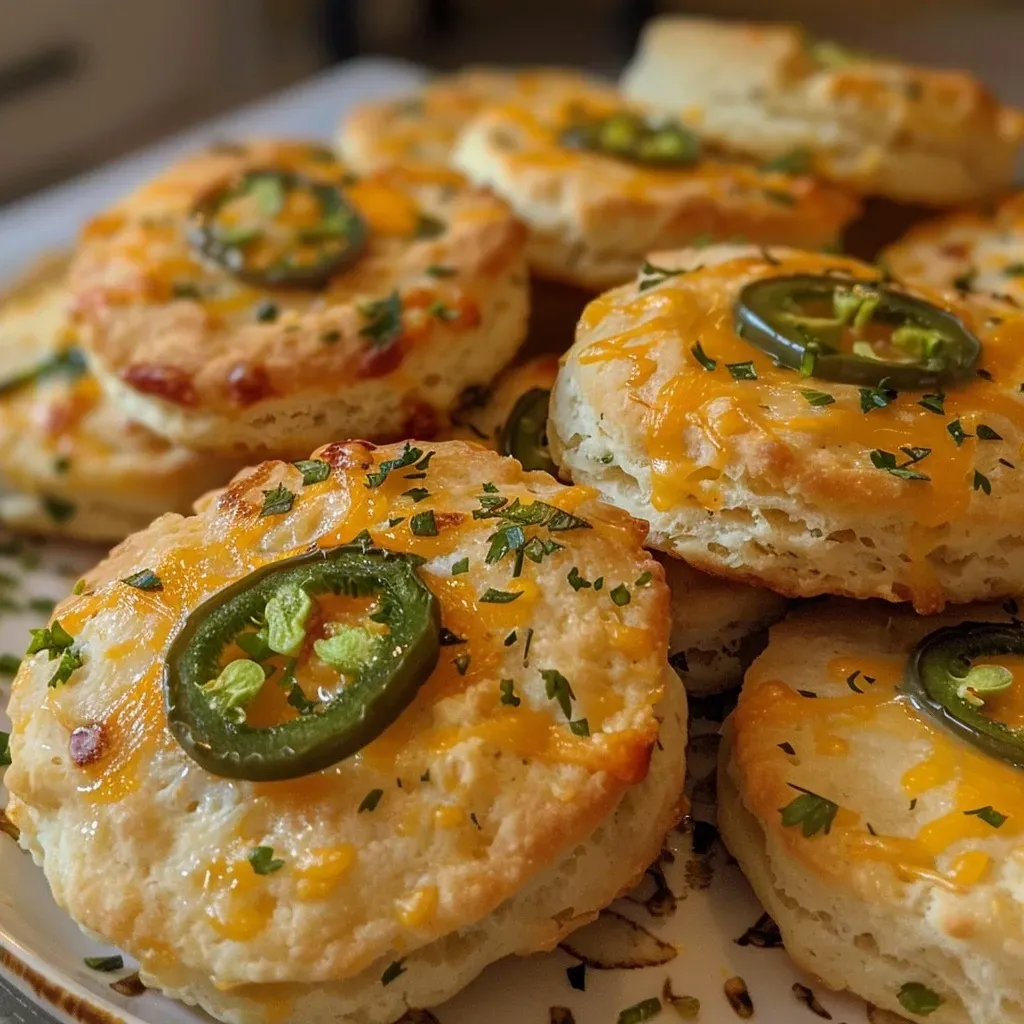 ['Close-up side view of golden brown Jalapeño Cheddar Protein Biscuits on a wooden surface.', 'Freshly baked Jalapeño Cheddar Protein Biscuits with visible jalapeño bits and melted cheese.', 'Juicy and flaky Jalapeño Cheddar Protein Biscuits arranged on a rustic table.', 'Appetizing Jalapeño Cheddar Protein Biscuits with a crispy exterior and soft interior.']