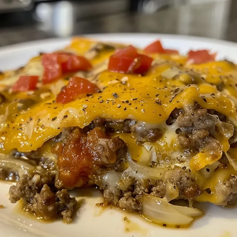 ['Close-up of a slice of Keto Cheeseburger Casserole, showcasing layers of beef and cheese.', 'Side view of a hearty Keto Cheeseburger Casserole, highlighting juicy ground beef and melted cheese.', 'Delicious slices of Keto Cheeseburger Casserole with a golden-brown top and rich ingredients.', 'Appetizing Keto Cheeseburger Casserole displayed on a plate, revealing the savory filling.']