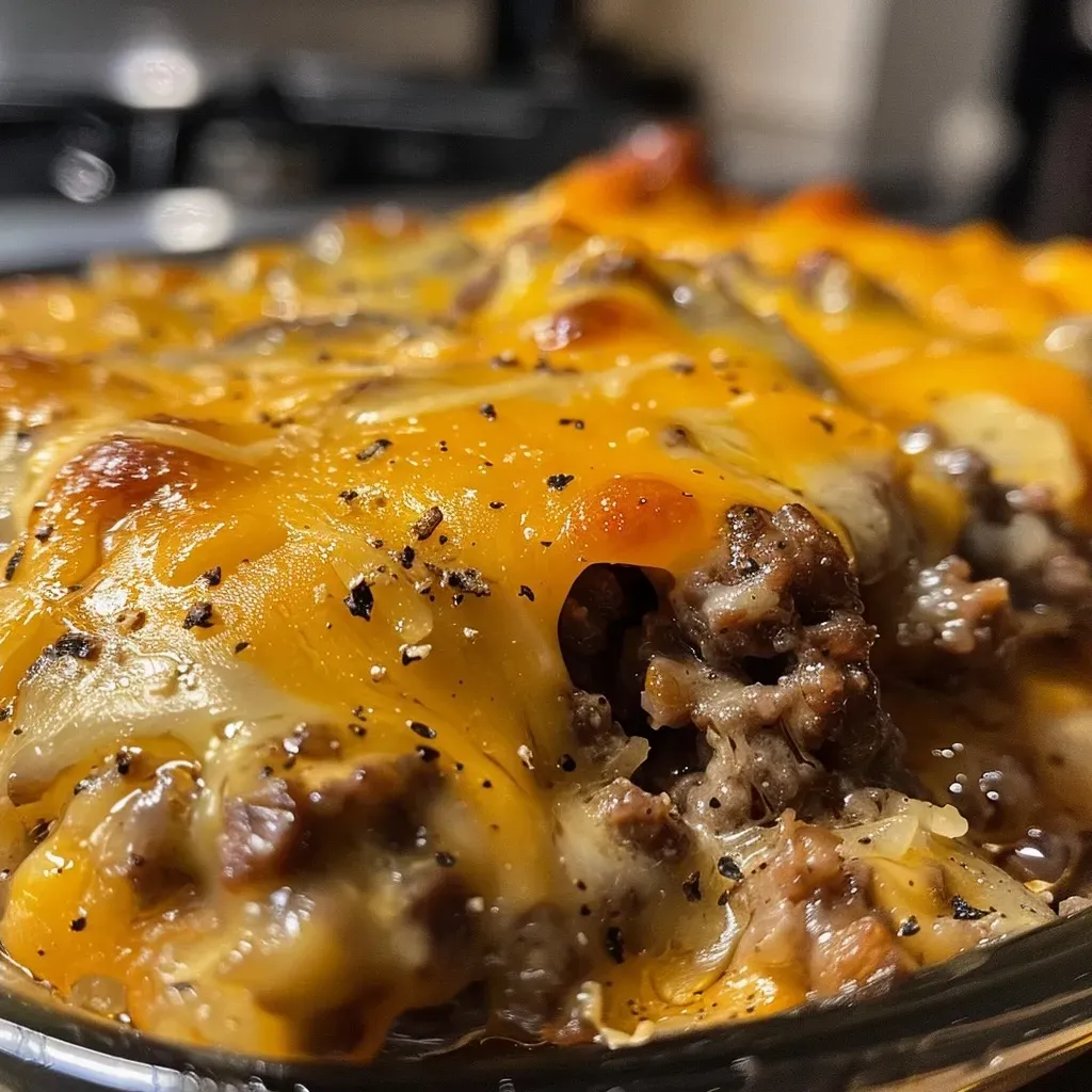 ['Close-up of a slice of Keto Cheeseburger Casserole, showcasing layers of beef and cheese.', 'Side view of a hearty Keto Cheeseburger Casserole, highlighting juicy ground beef and melted cheese.', 'Delicious slices of Keto Cheeseburger Casserole with a golden-brown top and rich ingredients.', 'Appetizing Keto Cheeseburger Casserole displayed on a plate, revealing the savory filling.']