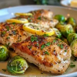 ['Close-up view of Lemon Garlic Butter Chicken with Brussels sprouts, highlighting the juicy chicken and vibrant vegetables.', "Side angle of a plate featuring Lemon Garlic Butter Chicken and roasted Brussels sprouts, showcasing the dish's textures.", 'Detailed shot of Lemon Garlic Butter Chicken garnished with parsley alongside tender Brussels sprouts, emphasizing freshness.', 'Juicy Lemon Garlic Butter Chicken with a side of Brussels sprouts, beautifully presented on a rustic plate.']