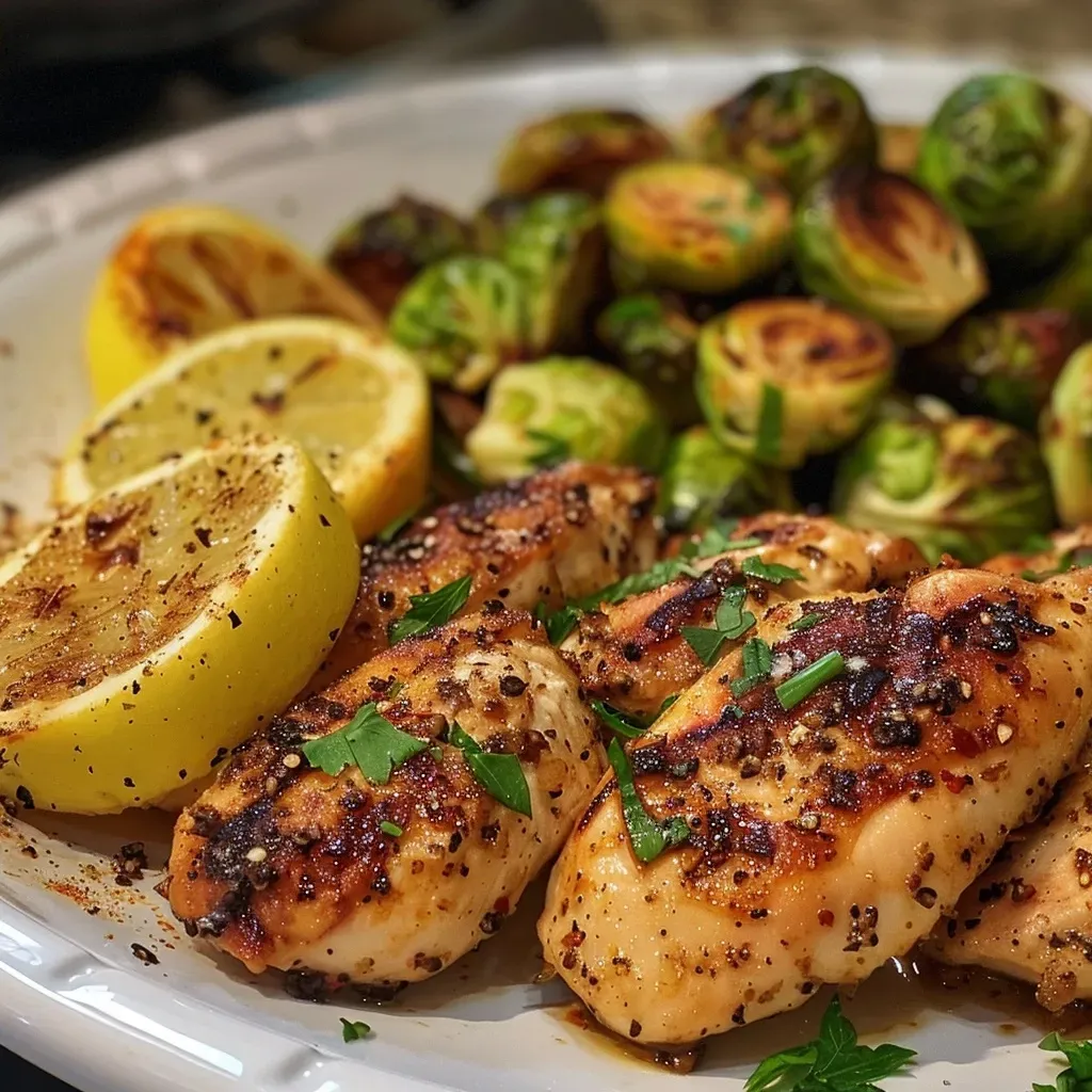 ['Close-up view of Lemon Garlic Butter Chicken with Brussels sprouts, highlighting the juicy chicken and vibrant vegetables.',
