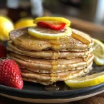 ['Close-up of fluffy lemon Greek yogurt pancakes topped with fresh strawberries and syrup.', 'Side view of lemon pancakes with a drizzle of maple syrup and lemon zest.', 'Delicious stack of lemon Greek yogurt pancakes garnished with strawberries.', 'Juicy lemon pancakes served with syrup and berries on a white plate.']