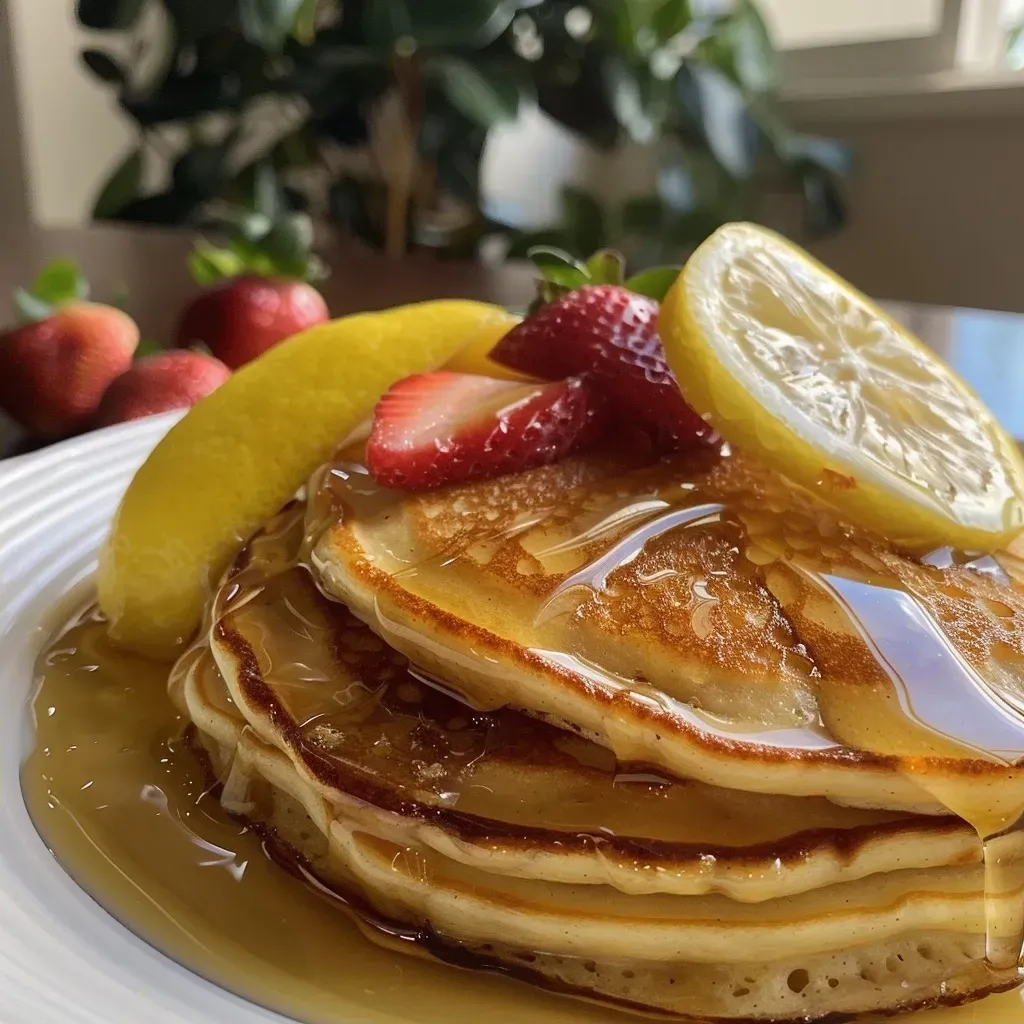 ['Close-up of fluffy lemon Greek yogurt pancakes topped with fresh strawberries and syrup.', 'Side view of lemon pancakes with a drizzle of maple syrup and lemon zest.', 'Delicious stack of lemon Greek yogurt pancakes garnished with strawberries.', 'Juicy lemon pancakes served with syrup and berries on a white plate.']