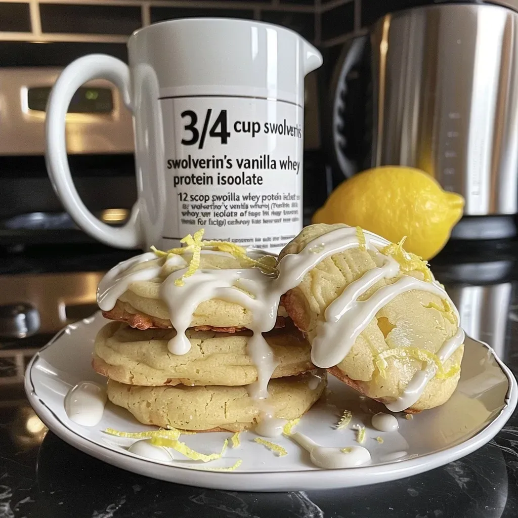 ['A close-up side view of a soft and chewy lemon protein cookie on a white plate.', 'Juicy lemon protein cookies displayed with a yellow background, showcasing their texture.', 'A beautifully arranged stack of lemon protein cookies, highlighting their bright color and icing.', 'Soft lemon protein cookies with a light icing drizzle, capturing their chewy interior.']
