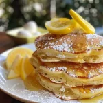 ['A close-up side view of fluffy lemon ricotta pancakes stacked on a plate.', 'A detailed shot of lemon ricotta pancakes garnished with blueberries and powdered sugar.', 'A close-up view of lemon ricotta pancakes showing their soft texture and juicy appearance.', 'A side view of delicious lemon ricotta pancakes topped with fresh lemon zest and ricotta.']