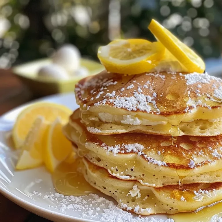 ['A close-up side view of fluffy lemon ricotta pancakes stacked on a plate.', 'A detailed shot of lemon ricotta pancakes garnished with blueberries and powdered sugar.', 'A close-up view of lemon ricotta pancakes showing their soft texture and juicy appearance.', 'A side view of delicious lemon ricotta pancakes topped with fresh lemon zest and ricotta.']