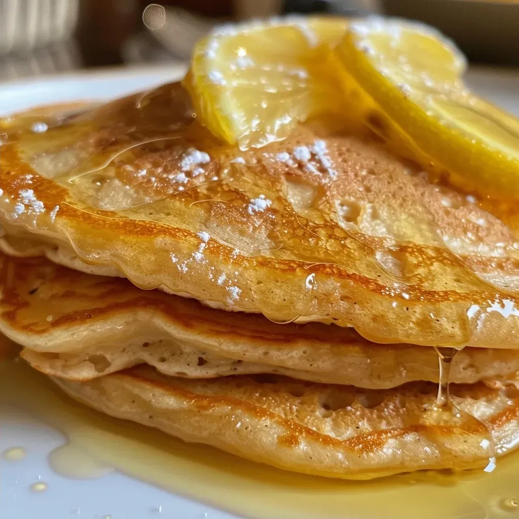 ['A close-up side view of fluffy lemon ricotta pancakes stacked on a plate.', 'A detailed shot of lemon ricotta pancakes garnished with blueberries and powdered sugar.', 'A close-up view of lemon ricotta pancakes showing their soft texture and juicy appearance.', 'A side view of delicious lemon ricotta pancakes topped with fresh lemon zest and ricotta.']