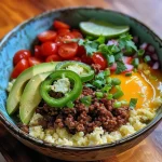 ['Close-up view of a loaded breakfast taco bowl filled with scrambled eggs, ground beef, and fresh toppings.', 'Side view of a delicious breakfast taco bowl showcasing colorful ingredients like cherry tomatoes and avocado.', 'Juicy and vibrant breakfast taco bowl featuring cauliflower rice, minced jalapeno, and garnished with cilantro.', 'Appetizing breakfast taco bowl filled with a variety of healthy ingredients, including avocado and fresh salsa.']