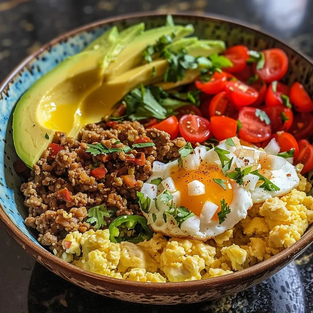 ['Close-up view of a loaded breakfast taco bowl filled with scrambled eggs, ground beef, and fresh toppings.', 'Side view of a delicious breakfast taco bowl showcasing colorful ingredients like cherry tomatoes and avocado.', 'Juicy and vibrant breakfast taco bowl featuring cauliflower rice, minced jalapeno, and garnished with cilantro.', 'Appetizing breakfast taco bowl filled with a variety of healthy ingredients, including avocado and fresh salsa.']