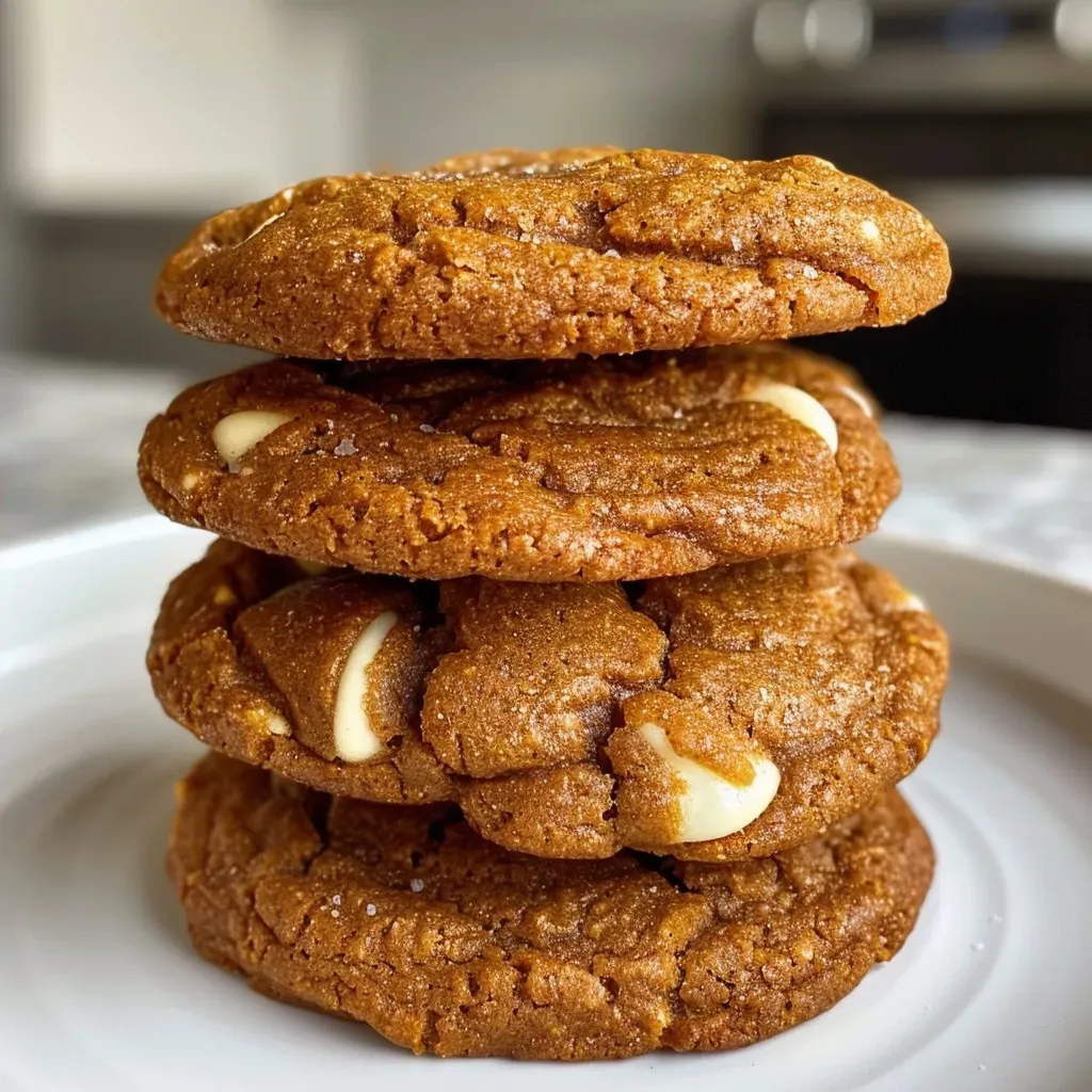 ['Side view of a plate filled with golden-brown pumpkin spice cookies, showcasing a soft texture.', 'Close-up of warm, low calorie pumpkin spice cookies with white chocolate chips scattered throughout.', 'A tantalizing view of freshly baked pumpkin spice cookies on a rustic wooden table.', 'Delicious pumpkin spice cookies with visible chocolate chips, ready to be enjoyed.']