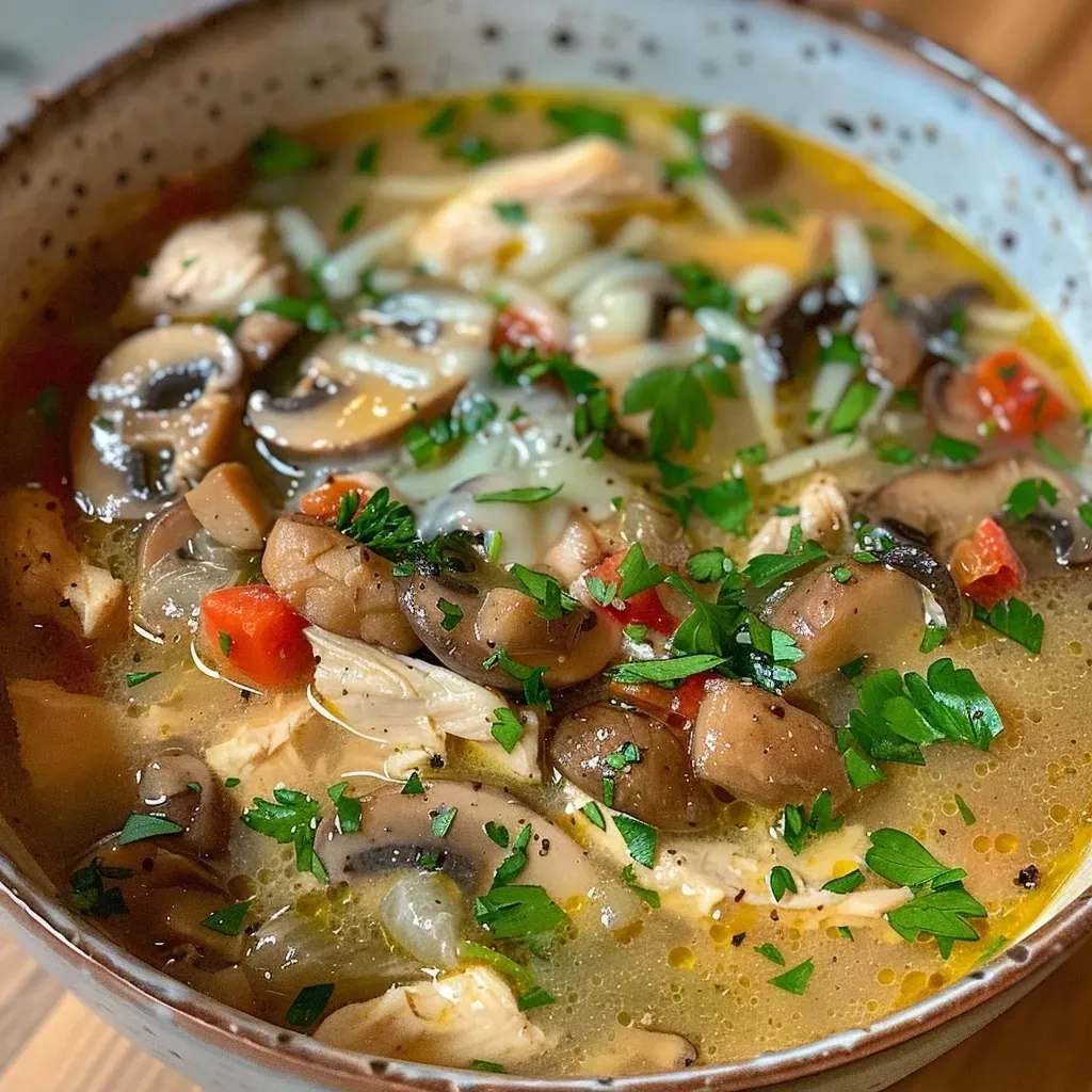 ['Close-up view of a bowl of Low Carb Chicken Mushroom Soup with chunks of chicken and mushrooms.', 'Side view of a creamy Low Carb Chicken Mushroom Soup garnished with fresh parsley and shredded cheese.', 'A steaming bowl of Low Carb Chicken Mushroom Soup showcasing diced chicken and sliced mushrooms.', 'Rich and creamy Low Carb Chicken Mushroom Soup in a bowl, highlighting its chunky ingredients.']
