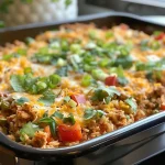 ['Close-up view of a baked dish featuring Tex-Mex turkey and brown rice, topped with melted cheese.', 'Side photo of a colorful Tex-Mex turkey bake with brown rice, garnished with fresh green herbs.', 'Juicy turkey and brown rice casserole, showcasing layers of ingredients and a cheesy top.', 'Delicious casserole dish filled with Tex-Mex flavors, including ground turkey and diced tomatoes.']